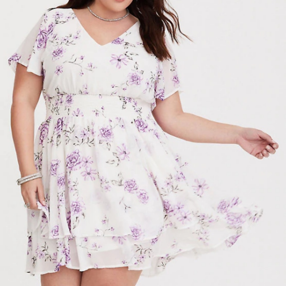 Torrid White Floral Georgette Mini Skater Dress